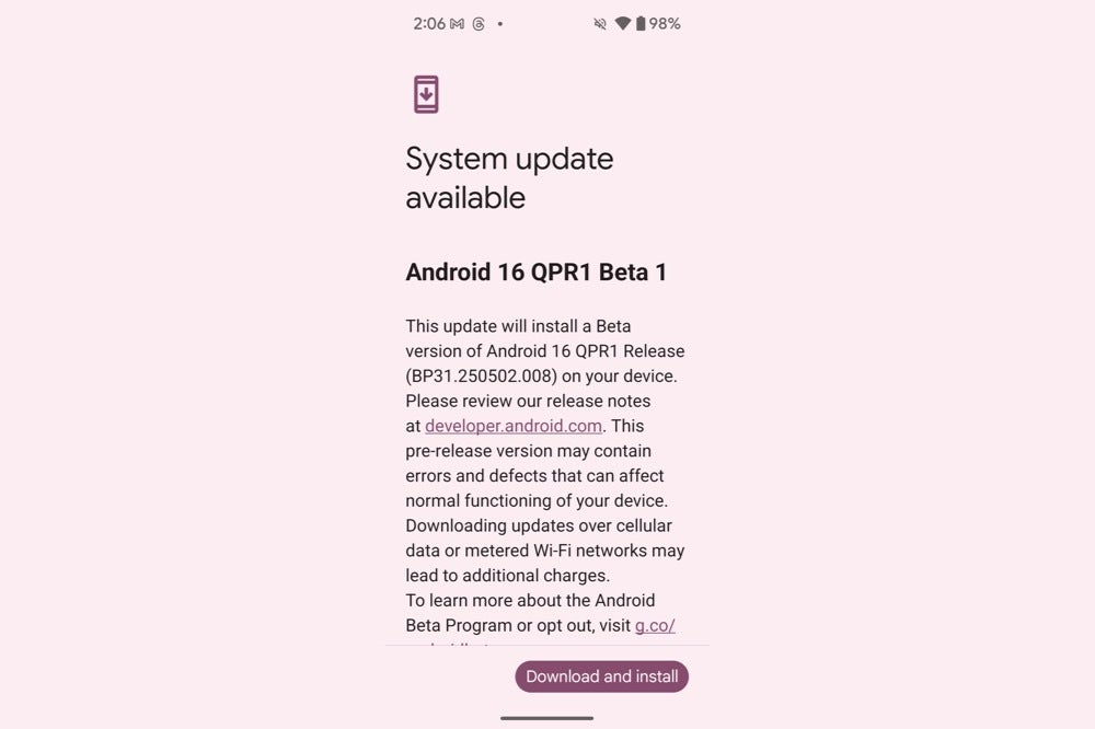 Screenshot of the Android 16 QPR1 Beta 1 update screen