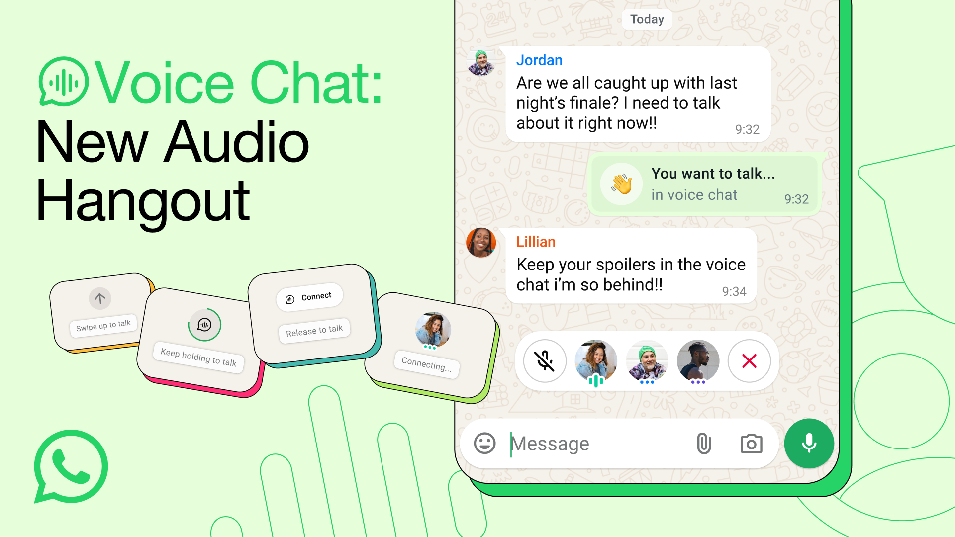 An infographic advertises &amp;quot;Voice Chat: New Audio Hangout&amp;quot; for WhatsApp, showing speech bubbles and a chat interface with profile pictures of participants.
