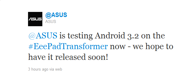 This tweet from ASUS tells us that the popular Eee Pad Transformer is getting tested with Android 3.2 - Android 3.2 being tested on ASUS Eee Pad Transformer for imminent update