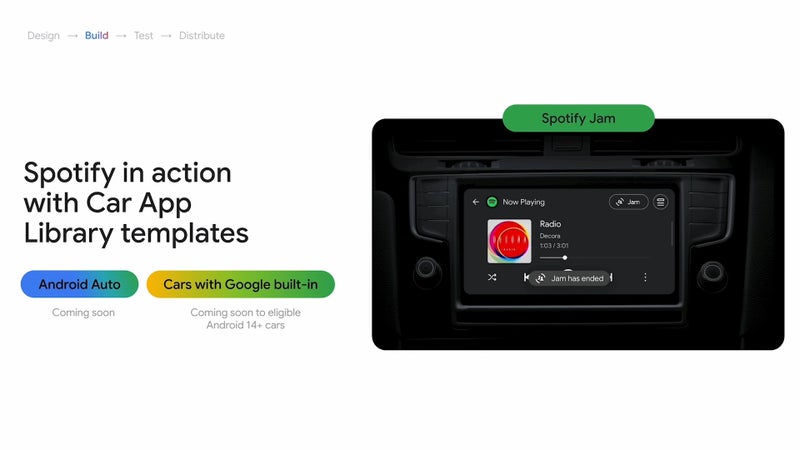 Slides with a UI demo of Android Auto running Spotify Jam