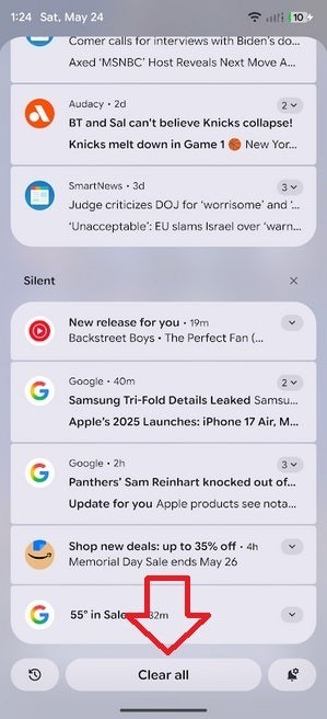 The larger and centered Clear all button on Pixel 6 and later models. | Image credit-PhoneArena - Latest Android beta update has me looking at my Pixel 6 Pro in a new light