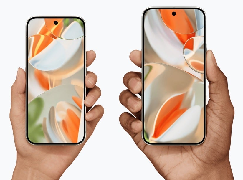 The Pixel 9 Pro and Pixel 9 Pro XL and held up side-by-side.
