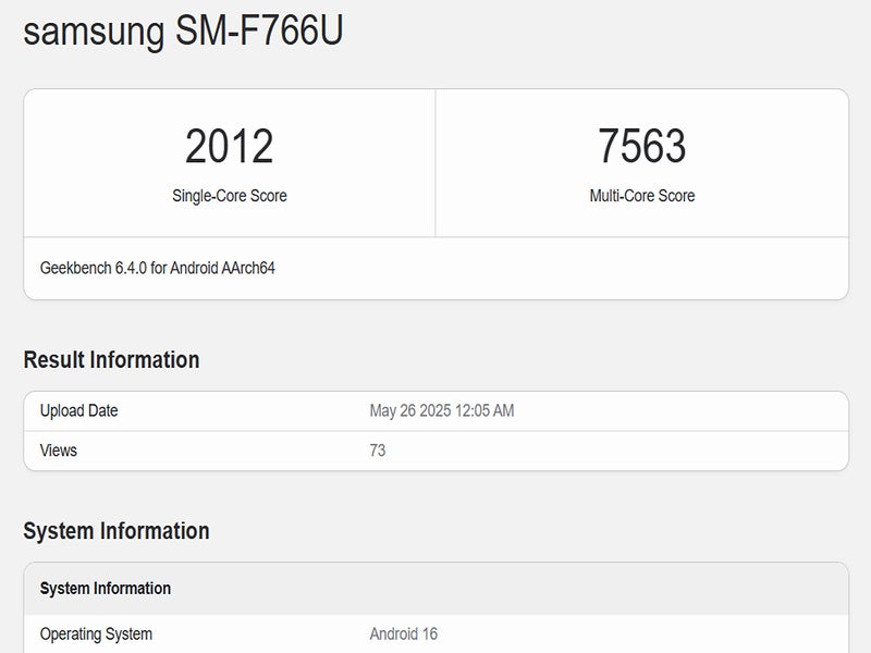 Galaxy Z Flip 7 Exynos 2500 performance results. | Image credit — Geekbench