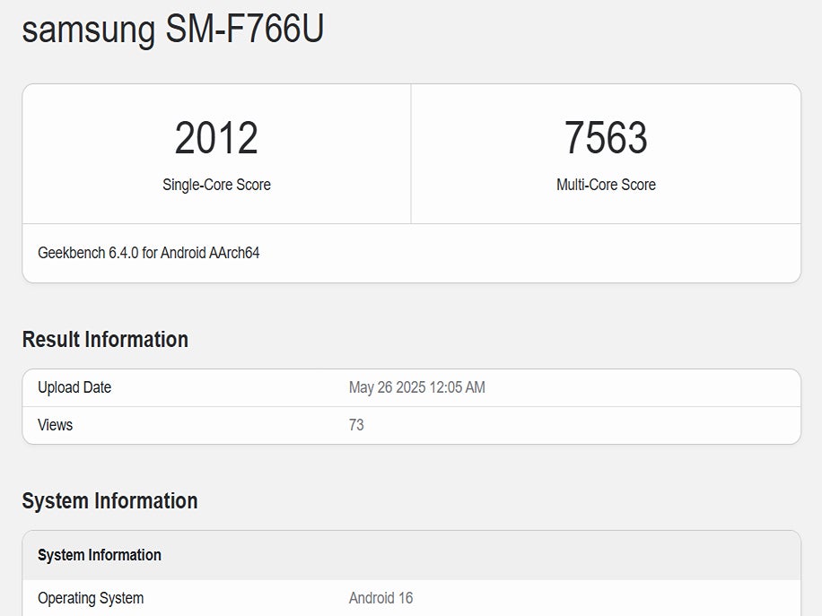 Galaxy Z Flip 7 Exynos 2500 performance results. | Image credit — Geekbench - Samsung Galaxy Z Flip 7 Exynos 2500 performance scores reveal the obvious and disappointing truth