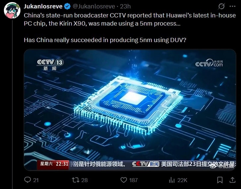Did SMIC really build a 5nm chip using DUV? | Image credit-X - China&#039;s SMIC may have used older lithography gear to build Huawei&#039;s new 5nm chip