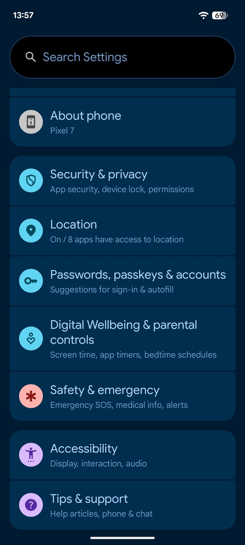 Android 16 settings page