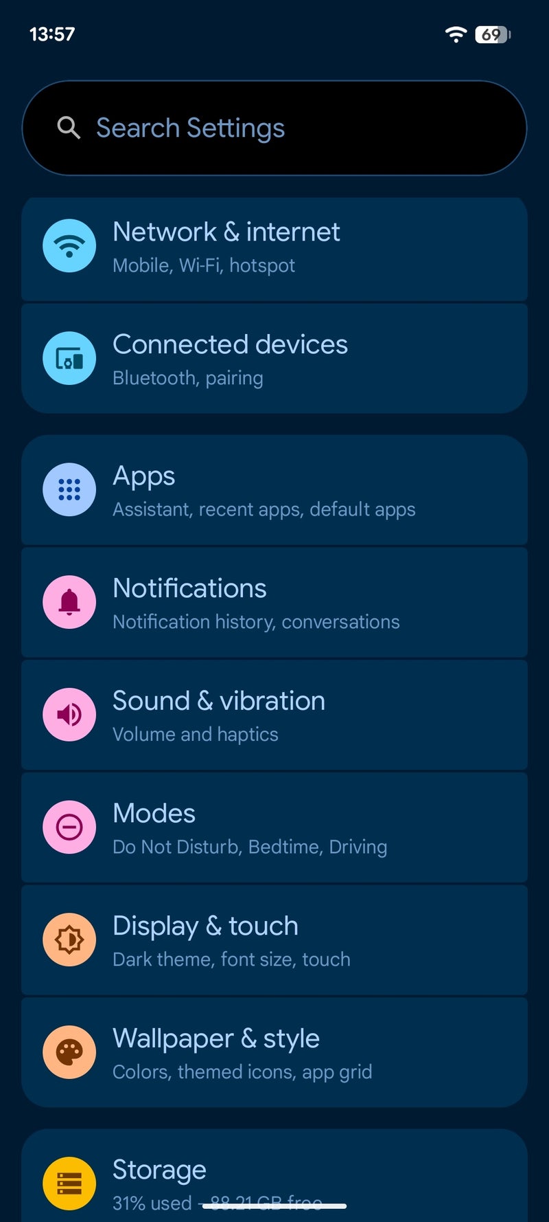 Android 16 settings page