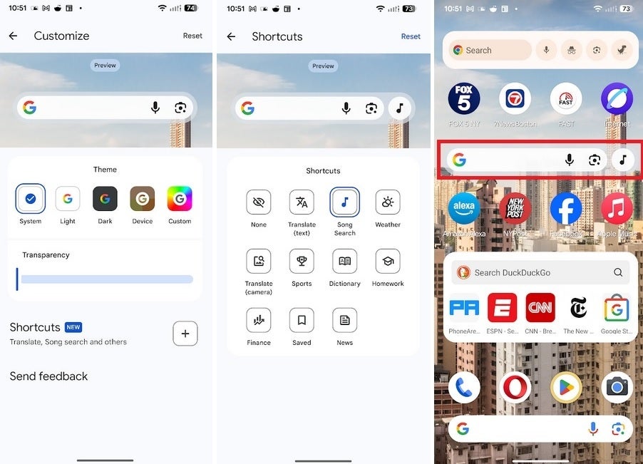 Screenshots show how to add a custom shortcut to the new Google Search widget for Android.