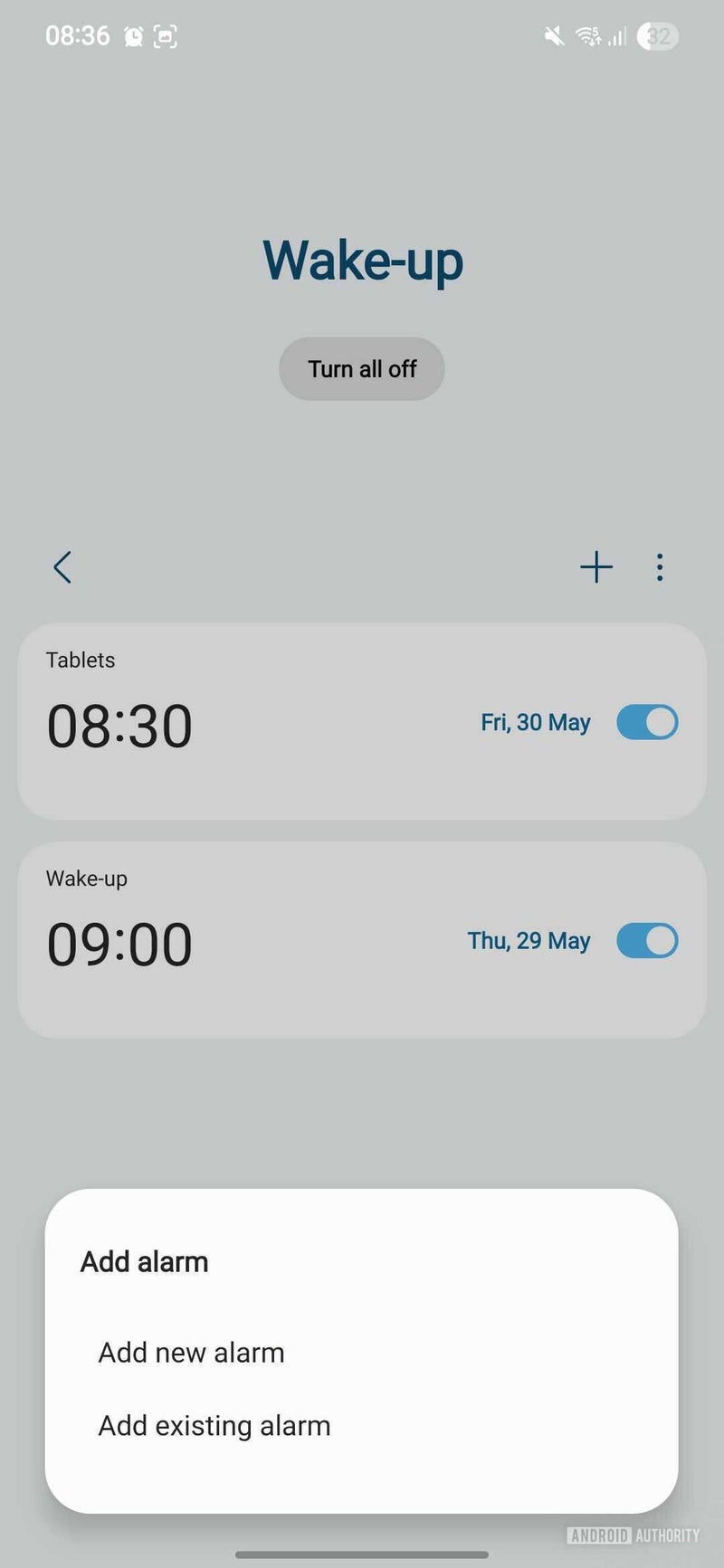 Screenshot of alarm groups in One UI 8