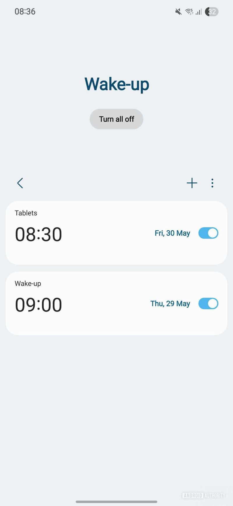 Screenshot of alarm groups in One UI 8