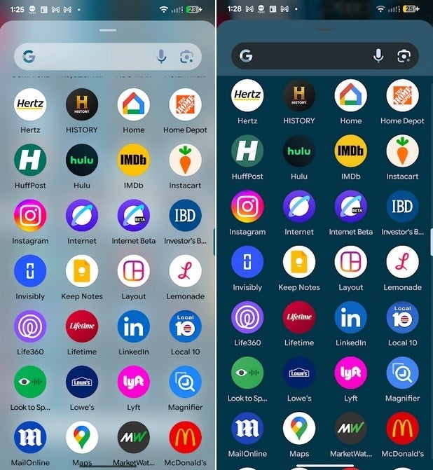 Comparing the new blurred background for the Pixel app drawer with the Battery Saver enabled and disabled.
