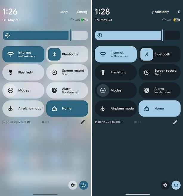 Comparing the new blurred background for Pixel Quick Settings with the Battery Saver enabled and disabled.