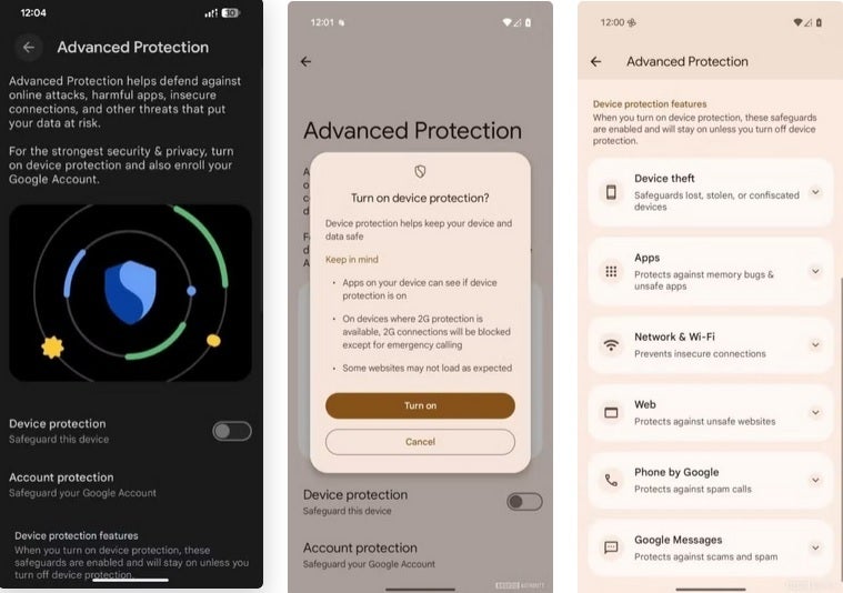 Screenshots of the Advanced Protection feature for Pixels.