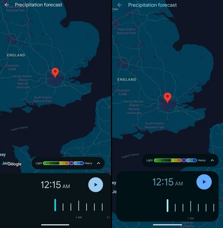 The old design of the Weather map on the Pixel Weather app in on the left with the new floating card look on the right. | Image credit-9to5Google - Google tweaks the Pixel Weather app and makes it look better
