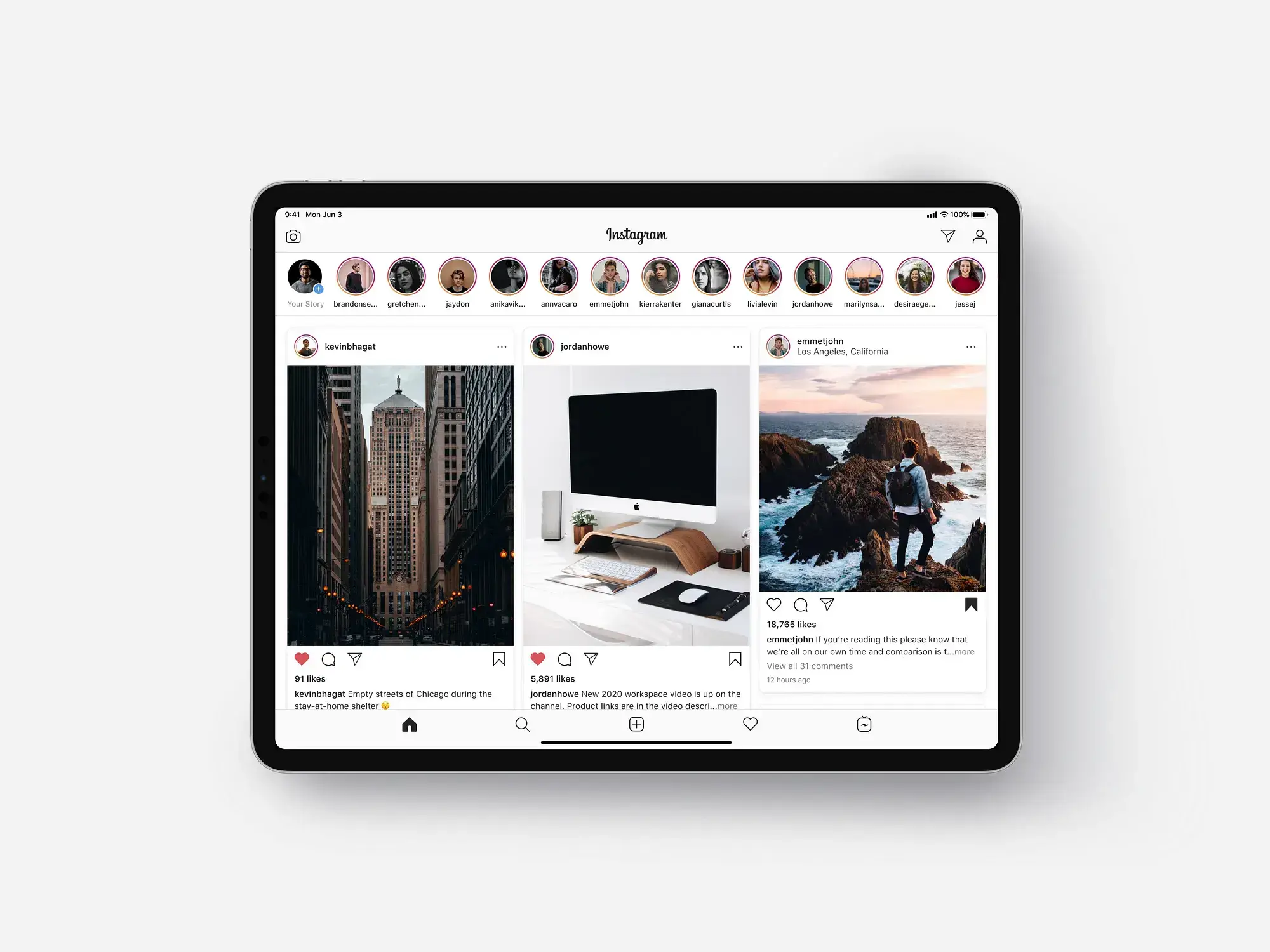 Screenshot of an iPad Instagram app concept