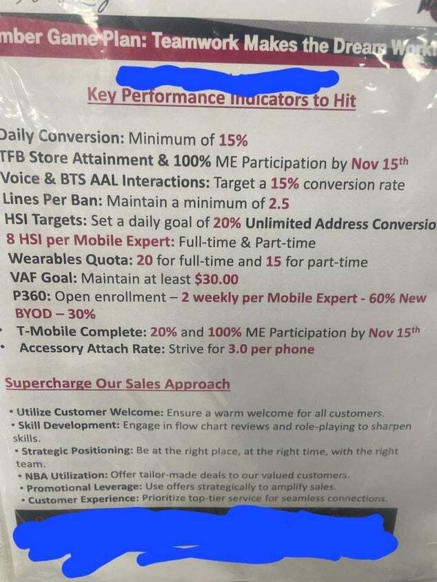 Leaked image of monthly goals for a T-Mobile COR rep.