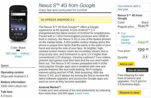 Sprint lowers the price of the Google Nexus S 4G to $100 on-contract