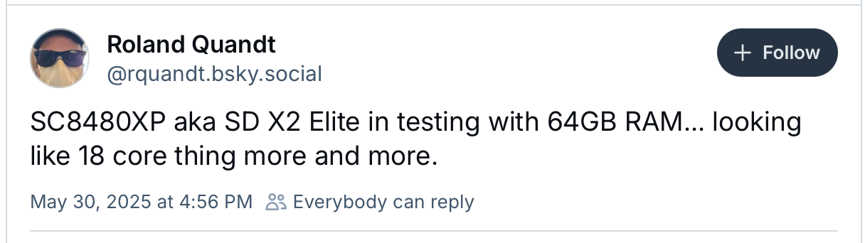 Roland Quandt&#039;s post on Bluesky. | Screenshot credit - PhoneArena - Snapdragon X2 Elite leak points to a serious boost for laptops