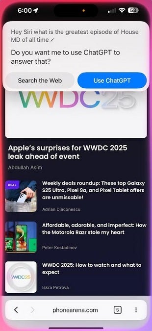 Questions Siri can&#039;t answer are turned over to ChatGPT with iPhone models that support Apple Intelligence&quot; | Image credit-PhoneArena - Apple reportedly delays the release of two AI-enhanced apps until iOS 27