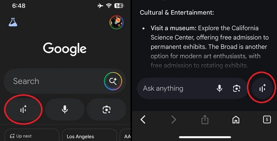 Screenshot shows buttons to press to engage in a conversation with AI Mode's Search Live.