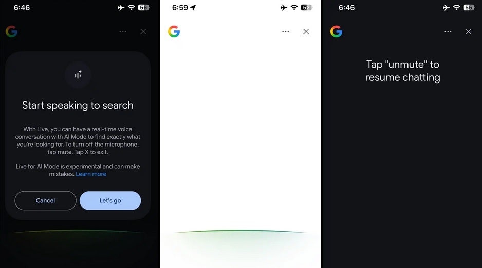 AI मोड के लिए UI ' खोज लाइव सुविधा।