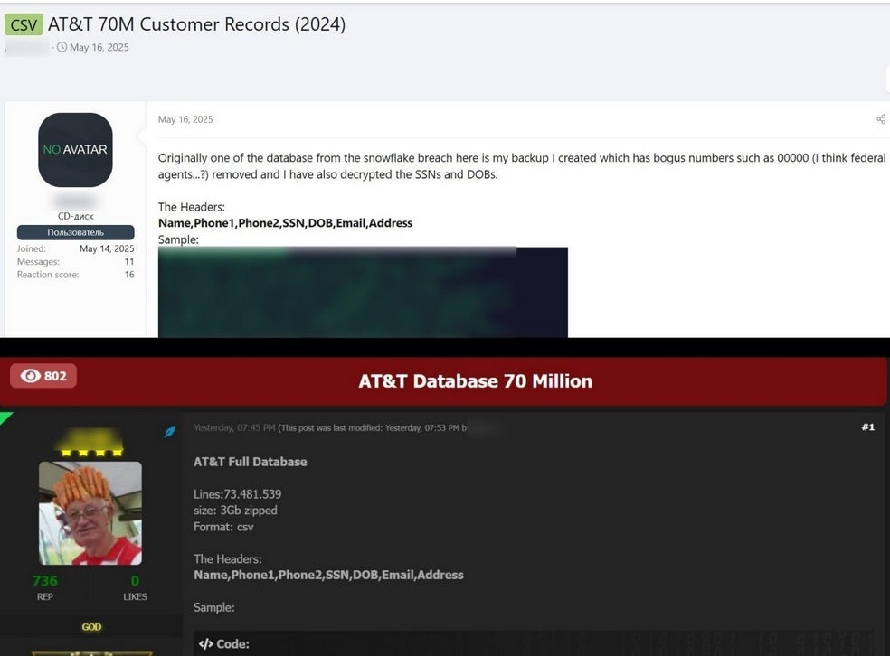 يتم نشر سجلات AT&T العملاء المسروقة في خرق بيانات 2024 مؤخراً عبر الإنترنت. | Image Credit -HackRead.com - توقيت ميلاد AT&T ، تظهر أرقام الضمان الاجتماعي عبر الإنترنت في نص عادي