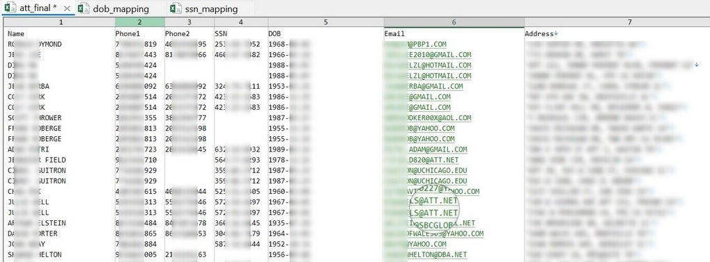 لقطة شاشة للبيانات المسروقة التي تنتمي إلى عملاء AT & amp ؛ t. | Image Credit -HackRead.co - مواليد مواليد AT&T ، تظهر أرقام الضمان الاجتماعي عبر الإنترنت في نص عادي