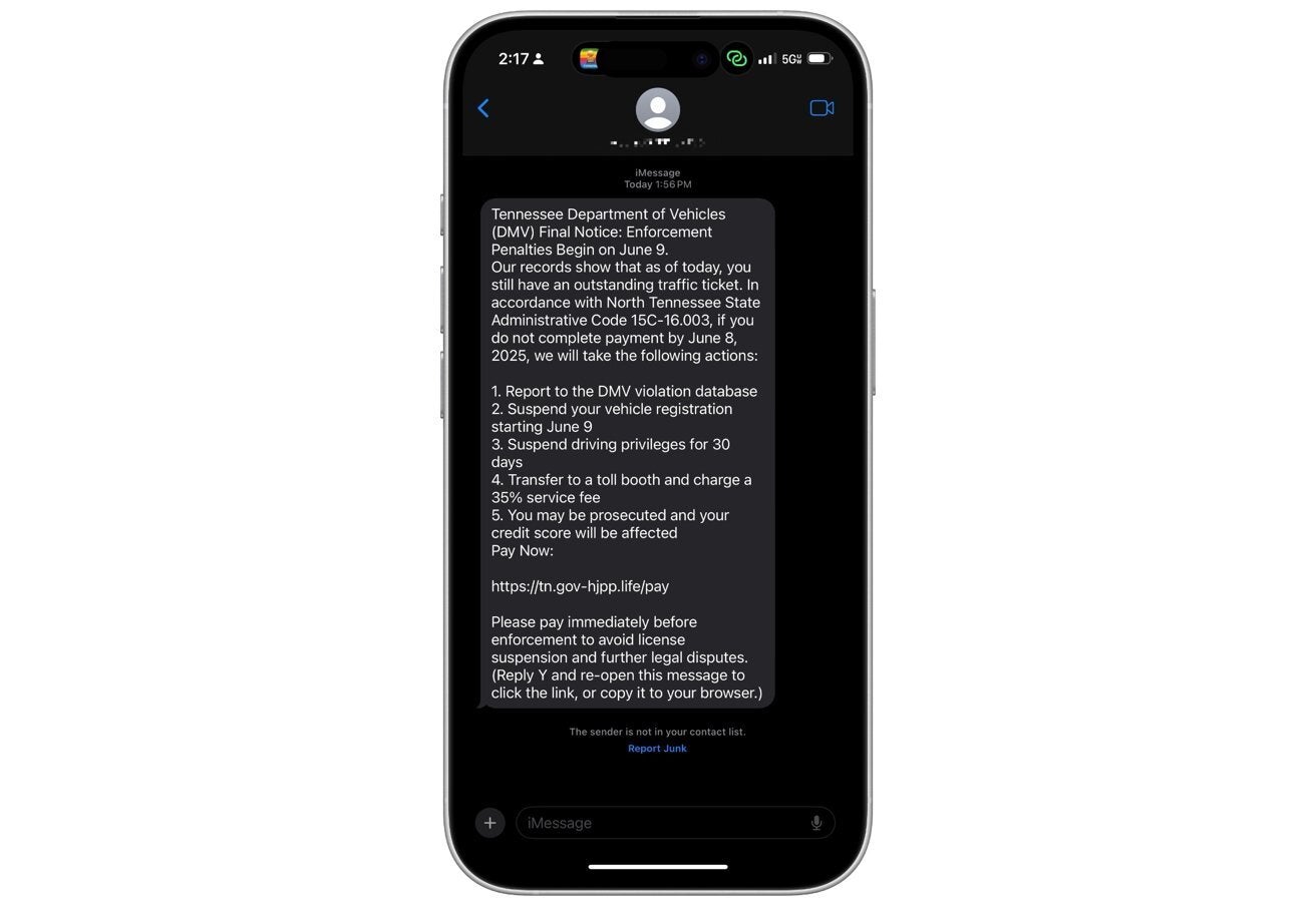 Example of the scammy message. | Image Credit - Apple Insider - Beware the fake DMV text! iPhone scam tricks victims with this sneaky move