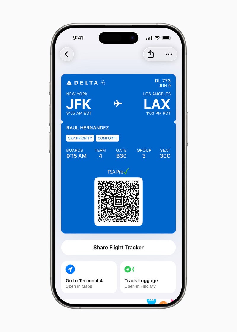 An iPhone screen displays a Delta airline mobile boarding pass for a flight from JFK to LAX, showing details like passenger name, boarding time, gate, group, seat, and a QR code.