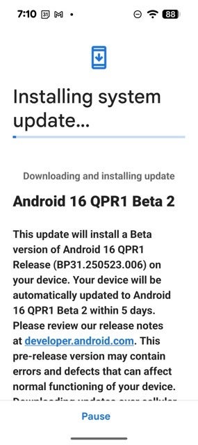 Screenshot from the Android 16 QPR1 Beta 2 update
