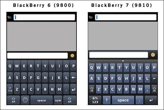 The QWERTY keyboard on the BlackBerry Torch 9800 (L) and the alleged new one for the Torch 2 9810 (R) - BlackBerry Torch 2 9810 gets updated virtual keyboard courtesy of new OS