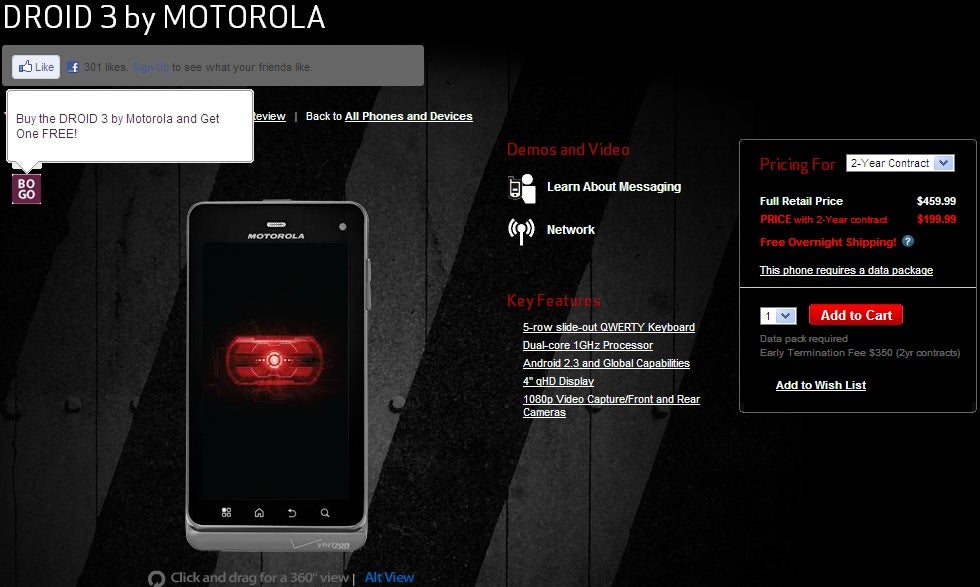The Motorola DROID 3 from Verizon now comes with a BOGO deal - Verizon puts the Motorola DROID 3 on a BOGO deal