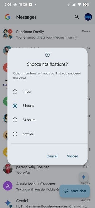 You can snooze notifications in an RCS chat in Android 16. | Image credit-PhoneArena - A trio of new features is coming to Google Messages although one might already be here
