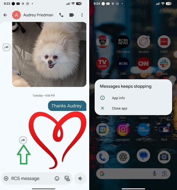 Google Messages bug leads the app to crash when the new forward button, above the green arrow, is pressed. | Image credit-PhoneArena - Google Messages bug infects certain Android phones causing them to crash