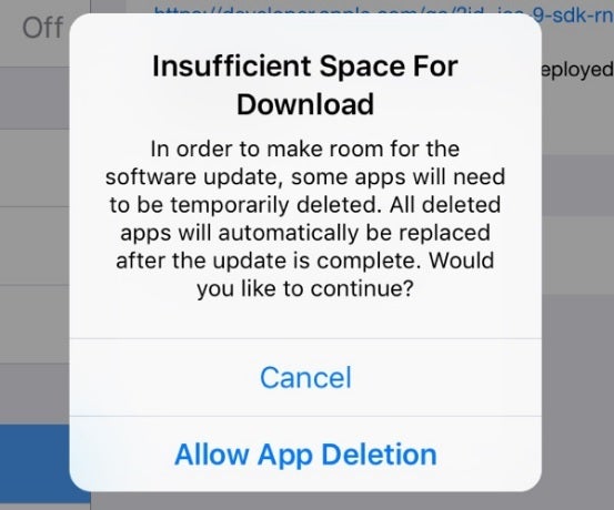 Warning sent to iPhone user who doesn't have enough storage to load update.