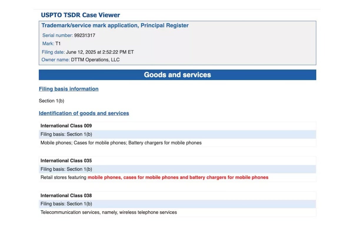 Trump T1 carrier trademark application