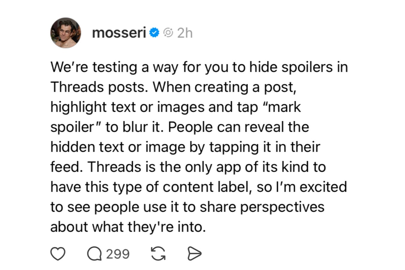 Screenshots from Threads posts announcing the Spoiler feature