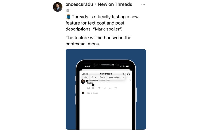 Screenshots from Threads posts announcing the Spoiler feature