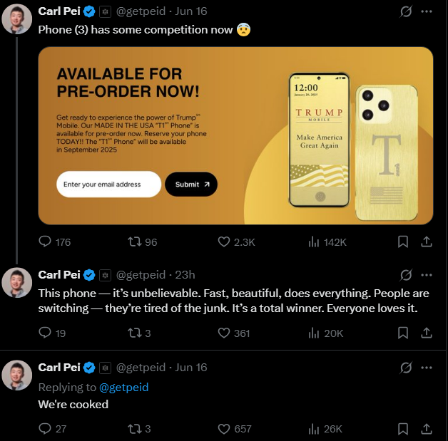 Image source – X - Carl Pei reacts to the Trump T1 phone: &quot;We&#039;re cooked&quot;
