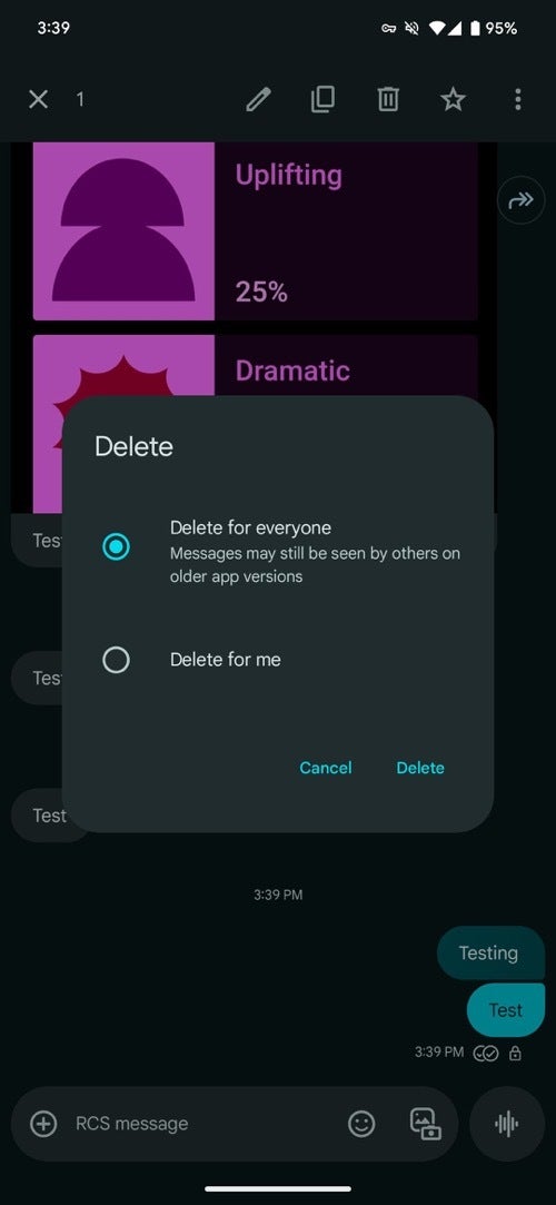 Screenshots of new Google Messages app features