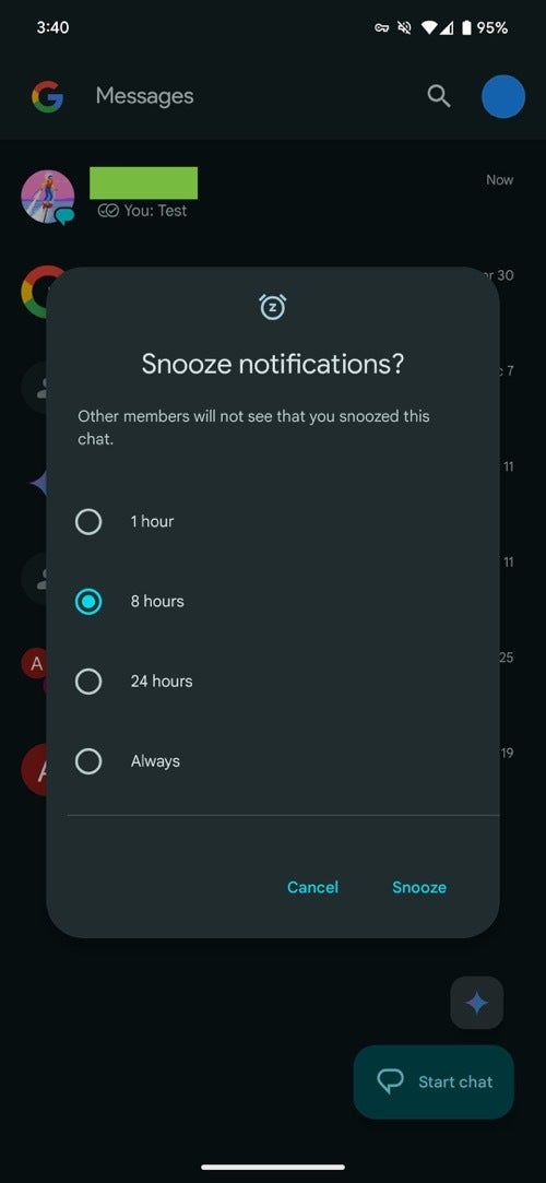 Screenshots of new Google Messages app features