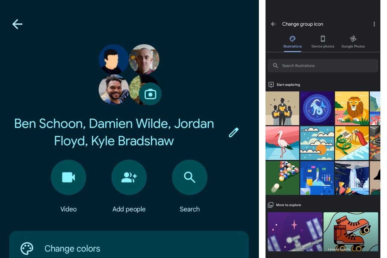 Screenshots of new Google Messages app features