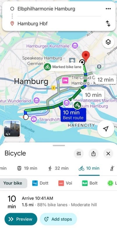 If a different mode of transportation is faster than driving, Google Maps will show you directions using that mode. | Image credit-PhoneArena - Update to Google Maps in selected markets adds interesting AI feature