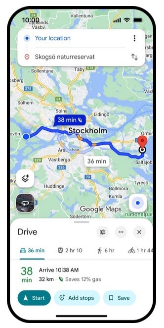 Fuel-efficient directions show you how much gas you'll save when using this route. | Image credit-PhoneArena - Update to Google Maps in selected markets adds interesting AI feature