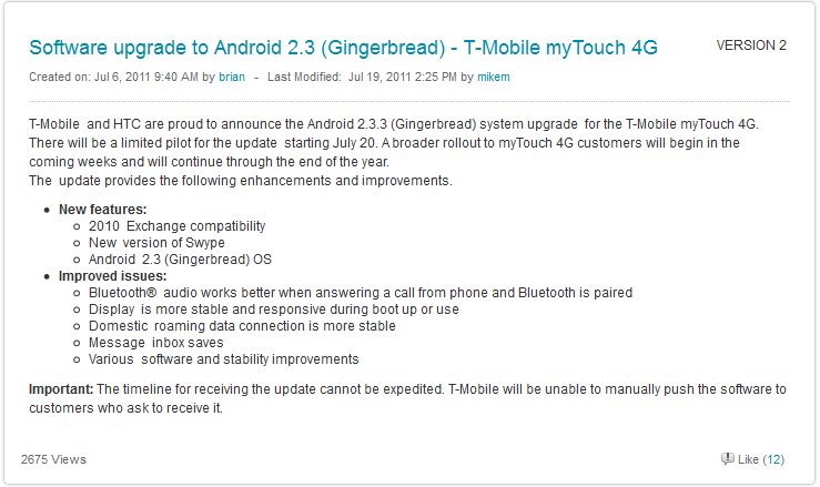 Starting Wednesday, a small number of T-Mobile myTouch 4G owners will receive an update to Android 2.3.3 - Small pilot Gingerbread update for T-Mobile myTouch 4G starts Wednesday