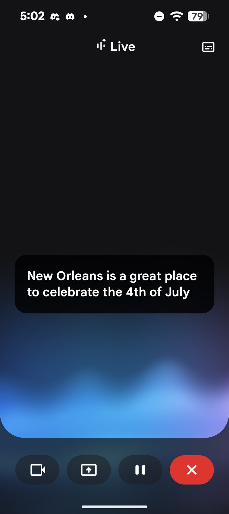 Screenshot of Gemini Live with captions