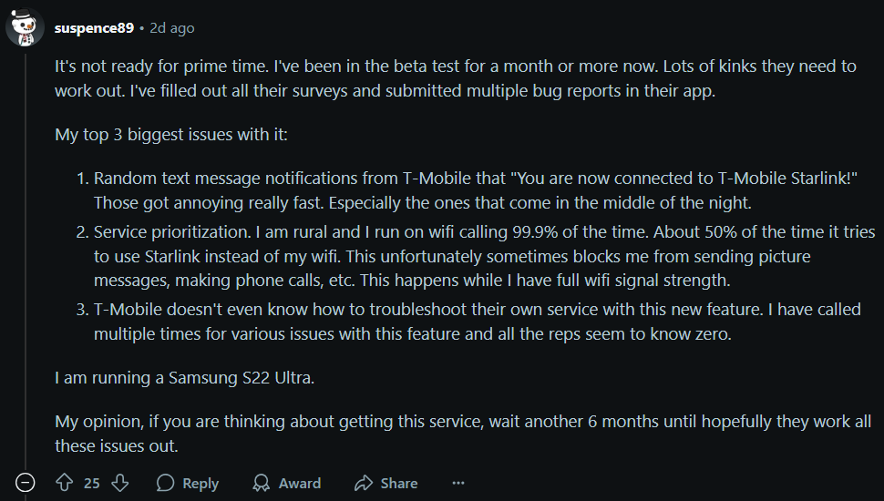 छवि स्रोत - Reddit - Android के लिए T -Mobile की सैटेलाइट सेवा के साथ शीर्ष 3 सबसे बड़े मुद्दे (और iOS 26 उपयोगकर्ताओं के लिए एक बड़ा प्लस)