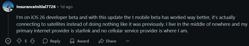 छवि स्रोत - Reddit - Android के लिए T -Mobile की सैटेलाइट सेवा के साथ शीर्ष 3 सबसे बड़े मुद्दे (और iOS 26 उपयोगकर्ताओं के लिए एक बड़ा प्लस)