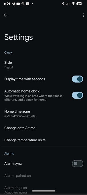 The Settings menu uses Material 3 in the toggle switches. | Image credit-PhoneArena - It's about time! Google Clock's latest version rolls out along with Pixel Weather changes