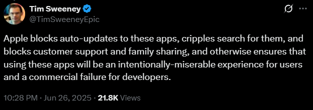 Image source – X - Epic Games CEO furious after Apple&#039;s latest EU App Store move, calls it &quot;blatantly unlawful&quot;